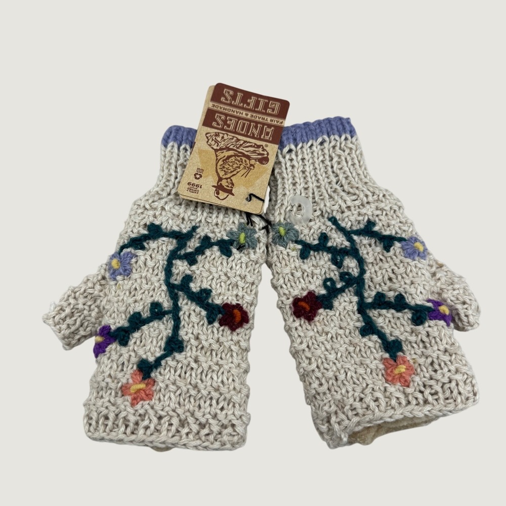 Andes Gifts Fingerless Gloves One Size Cream New Floral Hand Knit Fair Trade NWT